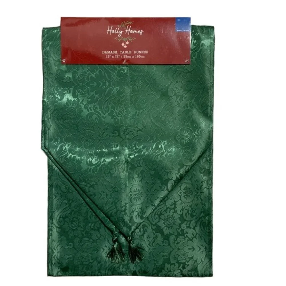 Holly Homes Table Runner Silky Holiday Christmas Green Damask 13 in x 72 in